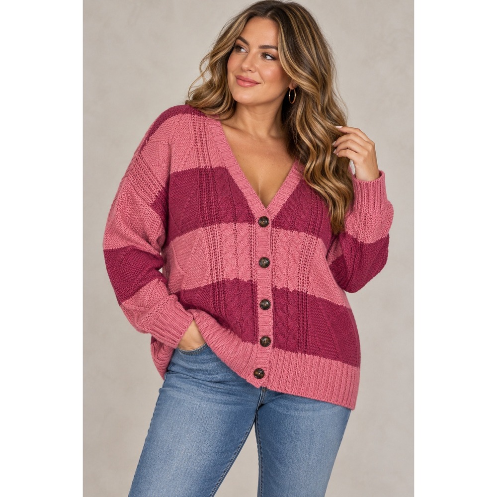 Torrid Pink Colorblock‎ Cable Knit Sweater Plus Size 1 1X Cozy Chunky Pullover